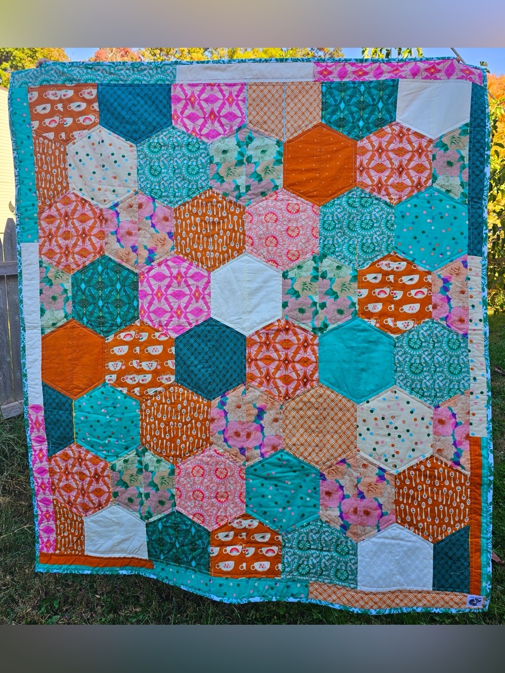 Hexagon Patchwork Throw Quilt: Floral Teacup Design, Ruby Star Society Camilla